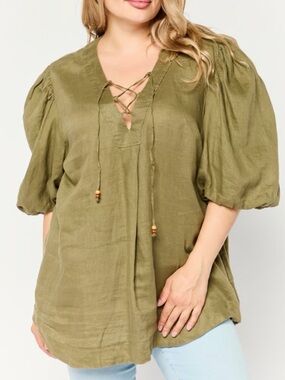 Lauren Ralph Lauren 100% Linen Puff Sleeves XL Olive Blouse